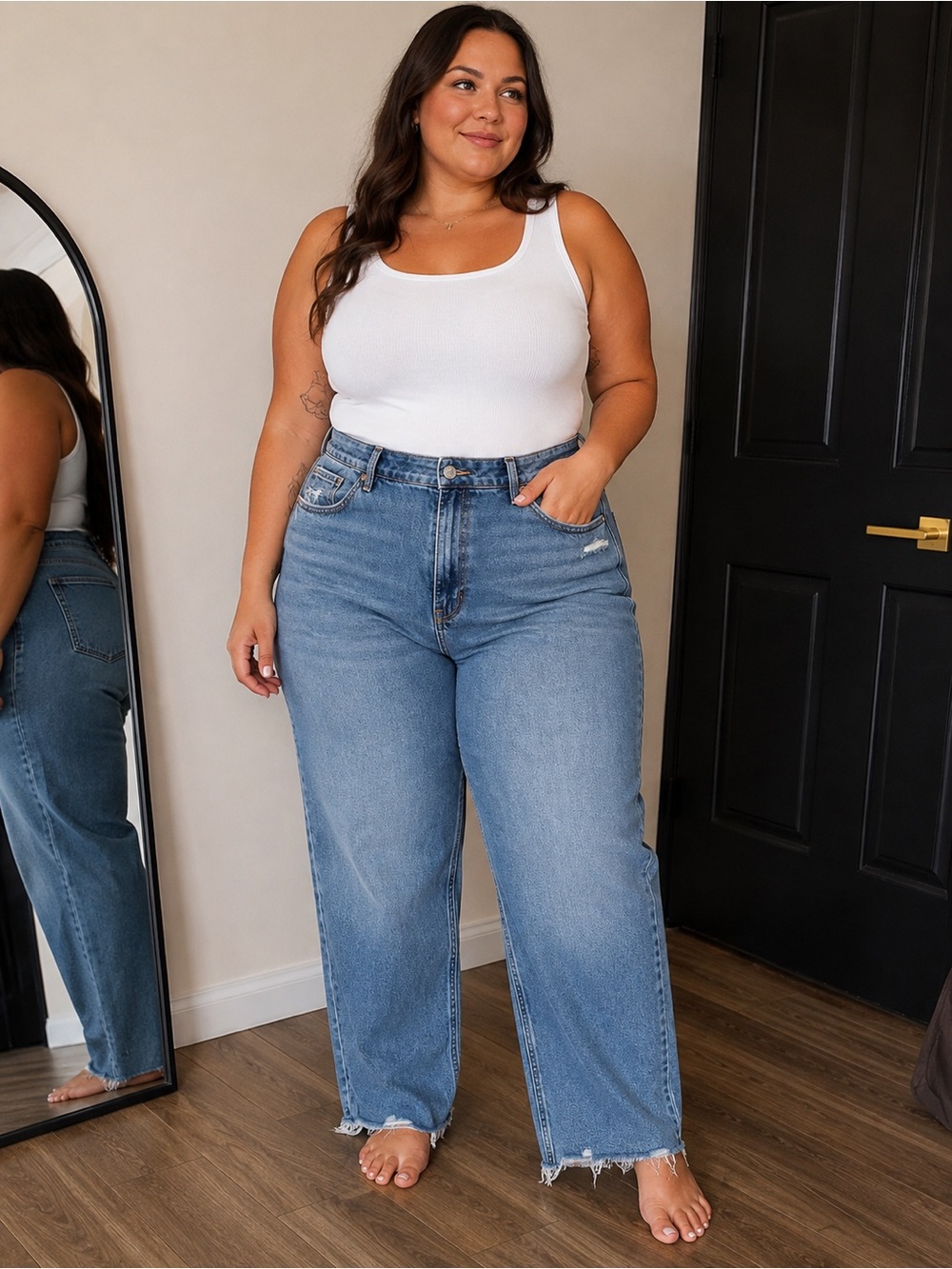 Plus-Size straight cut high rise mom Jeans in Light Blue Wash